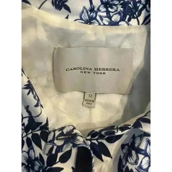 CAROLINA HERRERA Sleeveless Midi Dress 12 L Mock Neck Navy Floral Motif Damask - Picture 12 of 13